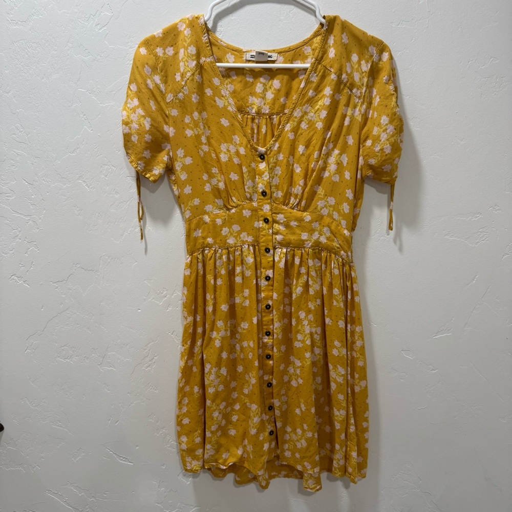 Billabong Twirl Twist Mini Dress Yellow Women's Teen Small Summer Button Front - Picture 5 of 15
